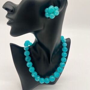 Vintage Teal Marbled Lucite Bead Necklace & Clip-On Earrings‎ Set